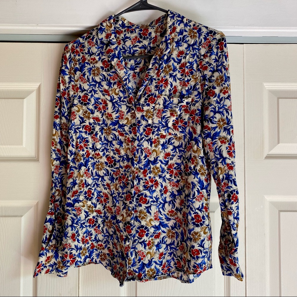 Flower pattern collar shirt style blouse top